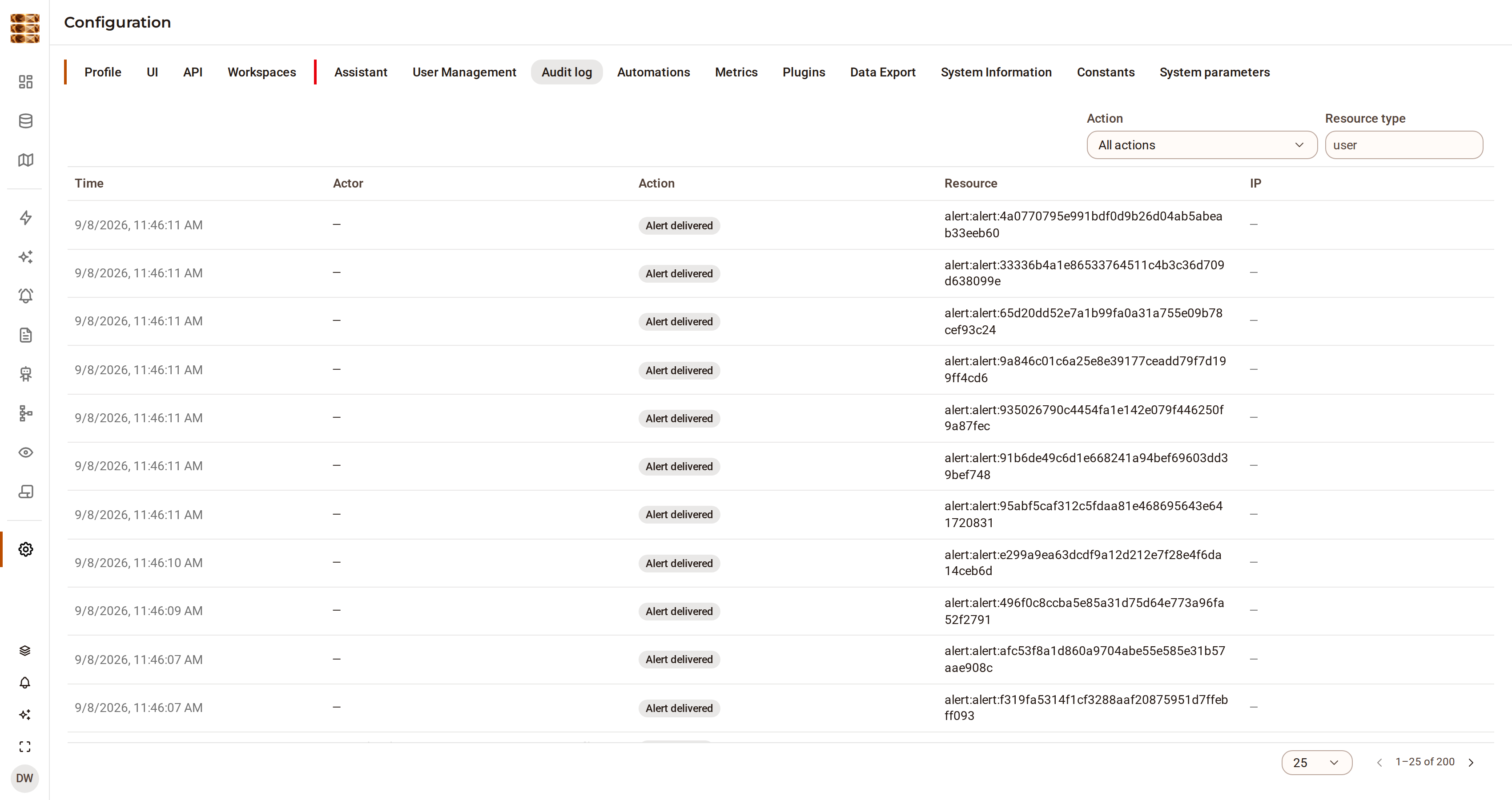 The DjiniousData audit log listing the mutations made under the AcmeRail operator's account, each with its action, resource type, resource id and timestamp.